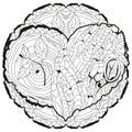 Sketchy doodle heart with mandala, with tree bark texture and young shoots