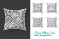 Vector adult coloring patterns prints on a set of throw pillows in black and white. Great as home decor and art activity Royalty Free Stock Photo