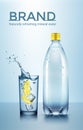 Vector advertisement illustration of bottle and glass of water with ice and sliced lemon Royalty Free Stock Photo