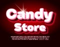 Vector advertising Poster Candy Store. Modern Glowing Font. Creative 3D Alphabet Letters, Numbers and Symbols