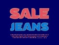 Vector advertising Poster Sale Jeans. Bright Creative Font. Denim Alphabet Letters and Numbers with Stitches