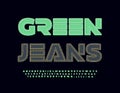 Vector advertising Sign Green Jeans. Denim Green Font. Trendy Bright Alphabet Letters and Numbers Royalty Free Stock Photo