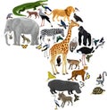 Vector Africa fauna map, flat elements. Animals, birds, reptiles, insects big set. Geography infographic