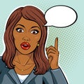 Vector african american business woman pointing up on idea balloon with shocked face and open mouth, pop art comics style