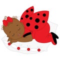 Vector African American Cute Baby Girl in Ladybug Costume Sleeping.