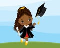 Vector African American cute little girl dressed in graduation cap and gown holding diploma