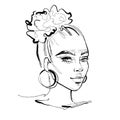 Vector African American Young Woman Line Art Portrait. Woman Sketch Illustration. Curly Hair Afro Bun.