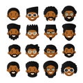 Vector african men head avatar iconset with beards, mustaches, glasses and rosy cheeks