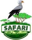 Vector african savannah safari emblem with secretary bird
