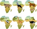 Vector African savannah with secretary bird, crowned crane, hyenna, cobra, cheetah, gazelle, giraffe and different animals Royalty Free Stock Photo