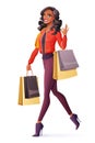 Vector African woman walking with shopping bags and showing OK.