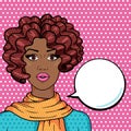 Vector afro girl thinking with space for your text, pop art comic style illustration. Cartoon african american girl in scarf on