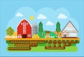 Vector agricultural village landscape flat concept illustration. Village barn, warehouse buildings with sown field and Royalty Free Stock Photo