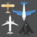 Vector airplane illustration top view and aircraft transportation travel way design journey object.