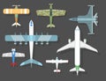 Vector airplane illustration top view and aircraft transportation travel way design journey object. Royalty Free Stock Photo