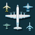 Vector airplane illustration top view and aircraft transportation travel way design journey speed aviation. Royalty Free Stock Photo