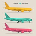 Vector airplanes set. Aviation illustrations in flat style. Different colors jets collection.