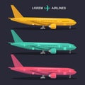 Vector airplanes set. Aviation illustrations in flat style. Different colors jets collection.