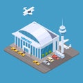 Vector airport isometric concept with passengers, taxi, airplane