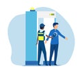 Vector of an airport security guard checking passenger with metal detector and scanner