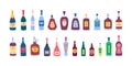 Vector alcohol drink glass bottles set. Doodle glass bottles filled with different beverages with labels. Vodka, whiskey