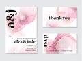 Vector alcohol ink art cloud.Pink watercolor drop mesh design with cute wedding invitation text. Macro liquid background with Royalty Free Stock Photo