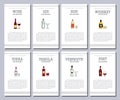 Vector alcohol list with icons for bar menu. Champagne liquor cognac absinte beer sambuca cider brandy. Brochure cafe