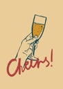 Vector alcohol poster with wine and hand-letter motivation phrase Cheers. Hand-drawn linear card isolated on beige