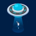 Vector aliens abduct man. UFO flying spaceship isometric design. UFO kidnaps man vector illustration