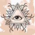 Vector All seeing eye pyramid symbol. Illumination tattoo. Vintage hand drawn freedom, spiritual, occultism and mason sign in