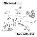 Vector Allosaurus and Tyrannosaurus with plant and stone over white. Royalty Free Stock Photo