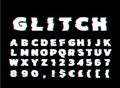 Vector Alphabet font design distorted glitch font. Trendy style lettering typeface. Green and red channels.