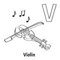 Vector alphabet letter V, coloring page. Violin