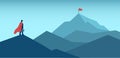 Vector of an ambitious businessman looking at the top of the mountain with red flag