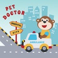 Vector ambulance with cute animals inside. monkey doctor driving emergency car. Creative vector childish background for fabric