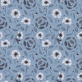 Vector anemone flowers ande leaves on blue seamless pattern print background. Royalty Free Stock Photo