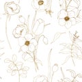 Vector anemone seamless pattern. Hand painted flowers and berries with eucalyptus leaves and branch isolated on white