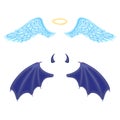 Vector angel and daemon wings set. Leathery wings of devil and angel fiends flying wide open with halo and horns and