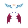 Vector angel and daemon wings set. Leathery wings of devil and angel fiends flying wide open with halo and horns and