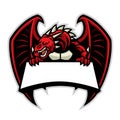 Angry dragon mascot with blank signage for text space