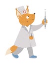 Vector animal doctor. Cute funny nurse squirrel with syringe. Medical picture for children. Hospital illustration isolated on