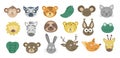 Vector animal faces collection. Set of tropical and forest characters emoji stickers. Heads with funny expressions isolated on