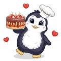 Cute chef penguin in chef`s hat is holding a cake.