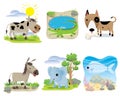 Vector animal set, cow, crocodile, dog, donkey, elephant, fish,