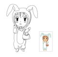 Vector anime character in rabbit kigurumi outline and colored. Cute illustration for coloring for children. Easter time