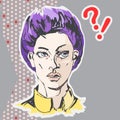 Vector annoyed woman face with purple short hair and yellow shirt