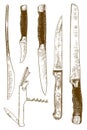 Engraving illustration of knives set