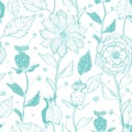 Vector aqua lineart flowers seamless pattern