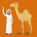 Vector - Arab bedouin man waving his hand and camel in desert dunes. Royalty Free Stock Photo