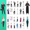 Vector Arabian muslim business man and business woman poses working office character design set.